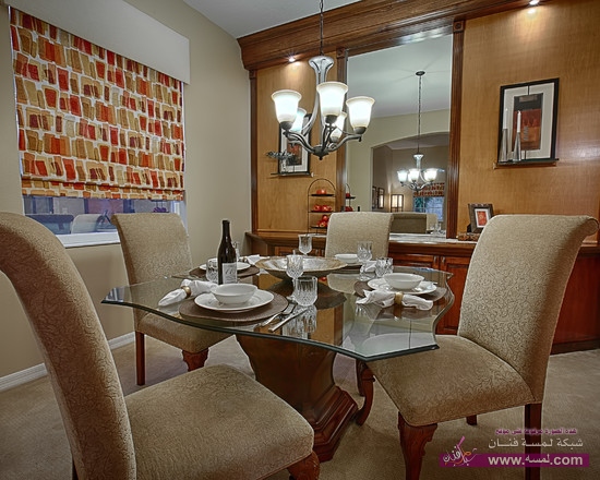 Traditional Zajac Interiors Heathrow Home Dining Room Interior Setting with Unique Shaped Glass Table for Four