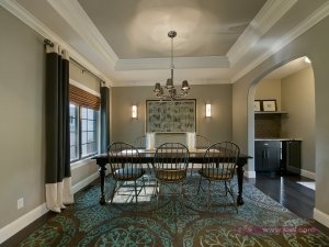 Pretty-Trey-Ceiling-look-Denver-Traditional-Dining-Room-Decorating-ideas-with-archway-area-rug-baseboards-butlers-pantry-chandelier-chandelier-shades-crown-molding-curtains-dark-floor