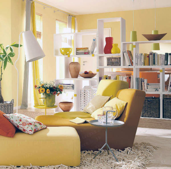 Brown-Yellow-Lime-Living-Room-and-White-Shelf-Divider